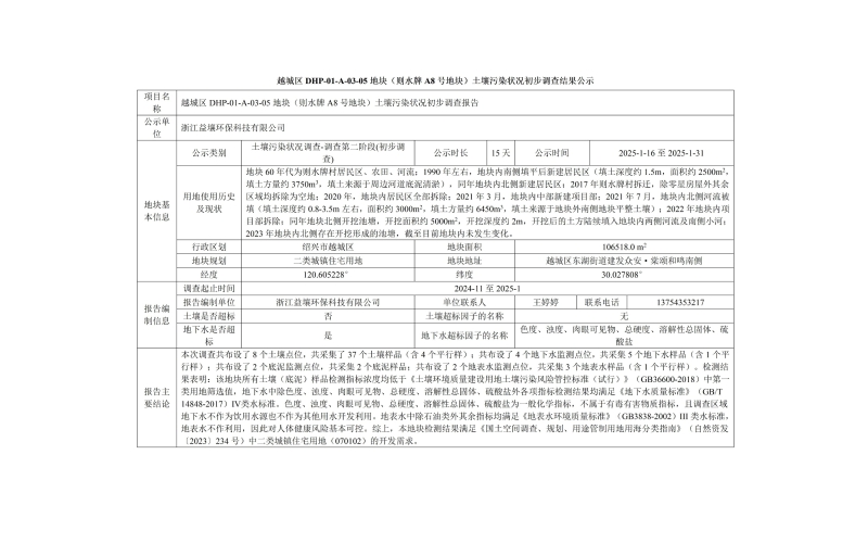 越城區DHP-01-A-03-05地塊（則水牌A8號地塊）土壤污染狀況初步調查結果公示
