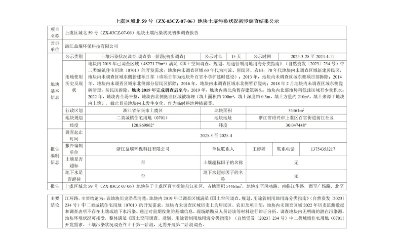 上虞區城北59號（ZX-03CZ-07-06）地塊土壤污染狀況初步調查結果公示